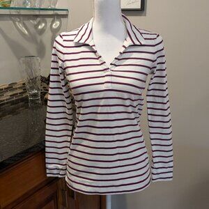 Classic Talbots Johnny Collar Pullover - Burgundy Stripes - Long Sleeve - Size P